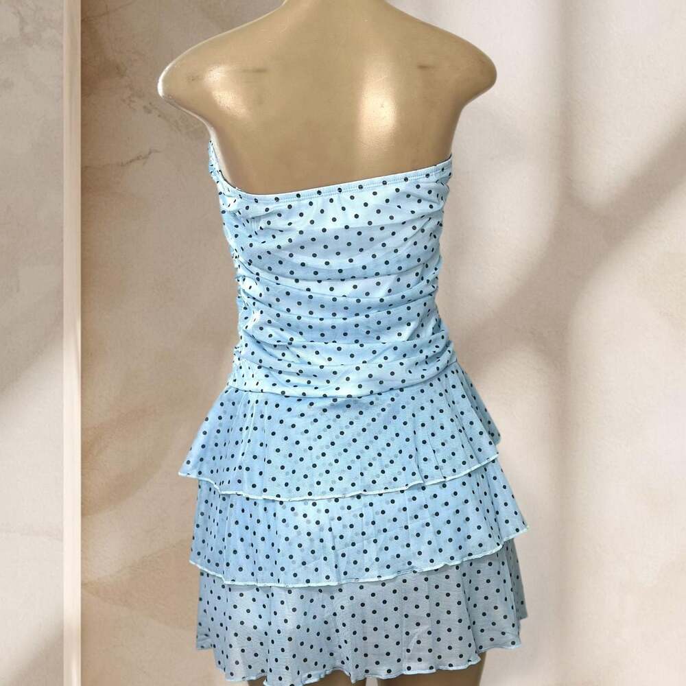 Blue Polka Dot Strapless Mini Dress – Ruched Ruffle Tiered Bow  Y2K Cute ✧ L - Picture 4 of 4